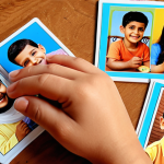 **A brightly colored memory game** with family photo cards being played by happy children, focusing on cognitive development. Add Arabic cultural elements and details.