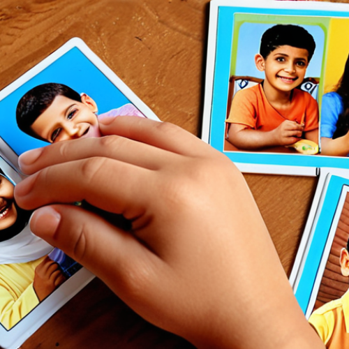 **A brightly colored memory game** with family photo cards being played by happy children, focusing on cognitive development. Add Arabic cultural elements and details.