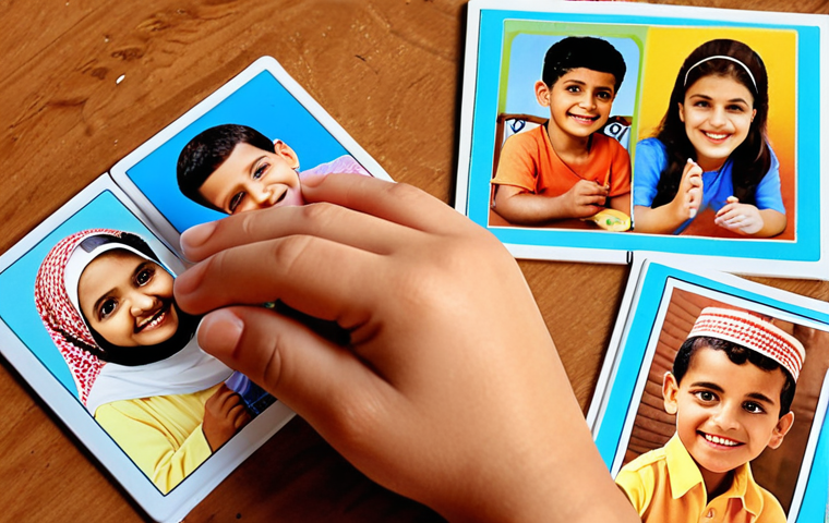 **A brightly colored memory game** with family photo cards being played by happy children, focusing on cognitive development. Add Arabic cultural elements and details.