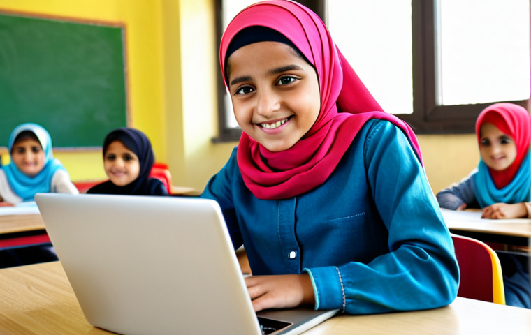 어린이 코딩 게임과 교육완구 - ** A young, smiling Arab girl, around 10 years old, wearing a colorful, modest hijab and traditional...