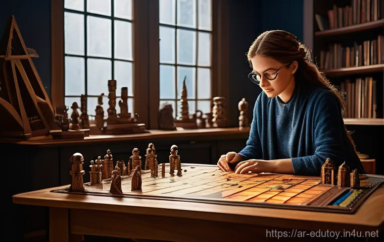보드게임 작가와 인기작 분석 - **A Visionary Board Game Designer's Studio:** A dedicated board game designer, a woman in her late 3...
