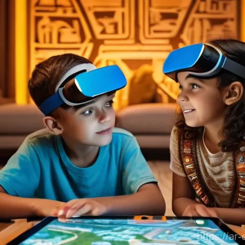 글로벌 교육완구 시장 분석 - **Immersive AR/VR Educational Journey:**
    "A group of three children, two boys and one girl, aged...