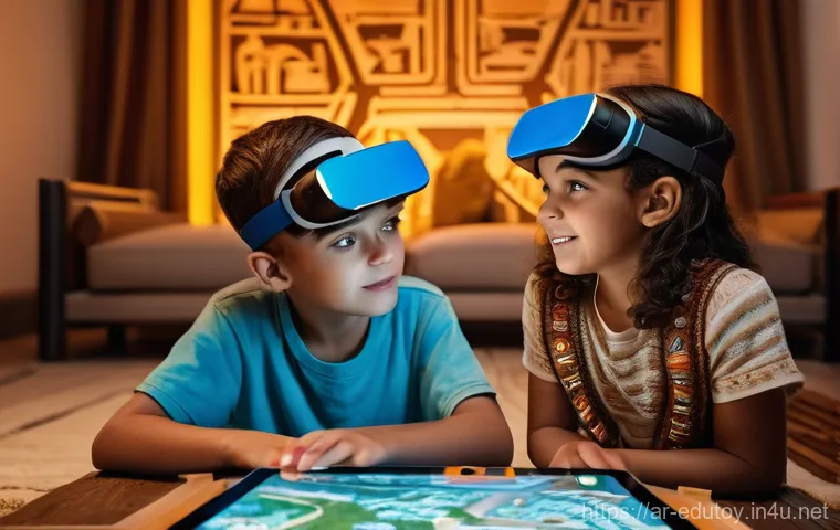 글로벌 교육완구 시장 분석 - **Immersive AR/VR Educational Journey:**
    "A group of three children, two boys and one girl, aged...
