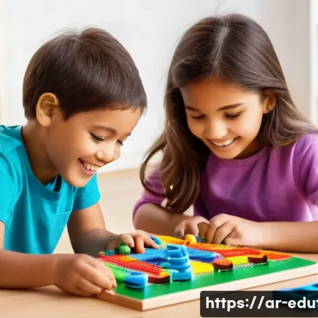 STEM 완구의 학습 효과 - **Prompt:** "A brightly lit, clean children's playroom, featuring a diverse group of four children, ...