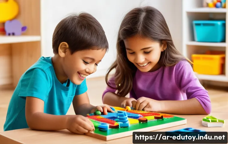 STEM 완구의 학습 효과 - **Prompt:** "A brightly lit, clean children's playroom, featuring a diverse group of four children, ...