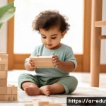 교육완구에 사용되는 친환경 소재 - A cozy, sunlit playroom in a modern Arabic home, featuring a toddler wearing a clean diaper playing ...