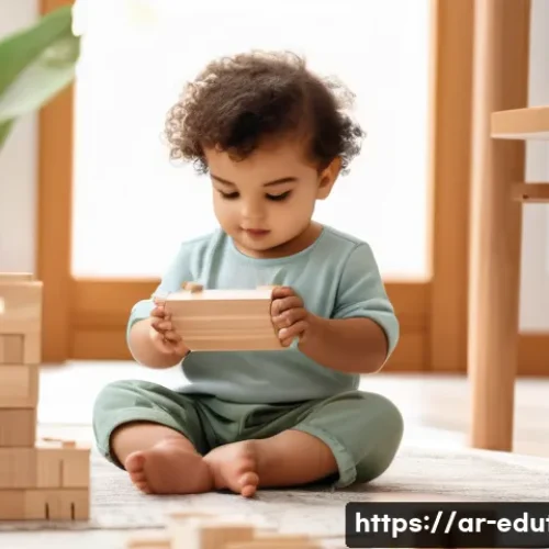 교육완구에 사용되는 친환경 소재 - A cozy, sunlit playroom in a modern Arabic home, featuring a toddler wearing a clean diaper playing ...