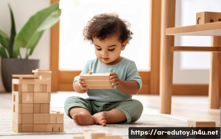 교육완구에 사용되는 친환경 소재 - A cozy, sunlit playroom in a modern Arabic home, featuring a toddler wearing a clean diaper playing ...