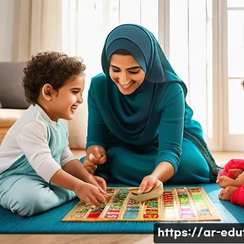 가정에서 활용 가능한 교육완구 - A warm, inviting family living room scene featuring an Arab mother and her two children&mdash;one toddler ...