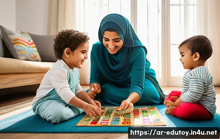 가정에서 활용 가능한 교육완구 - A warm, inviting family living room scene featuring an Arab mother and her two children&mdash;one toddler ...