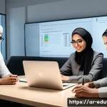 토도매스 개발자 스토리 - A modern, clean workspace scene showing a diverse Arab software development team collaborating on bu...