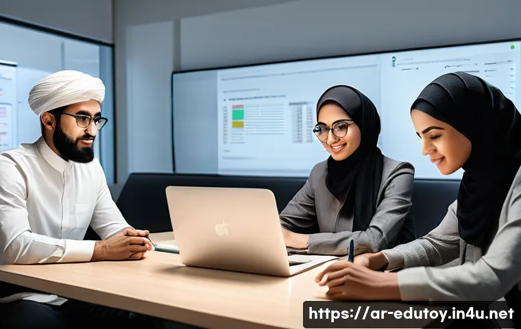 토도매스 개발자 스토리 - A modern, clean workspace scene showing a diverse Arab software development team collaborating on bu...