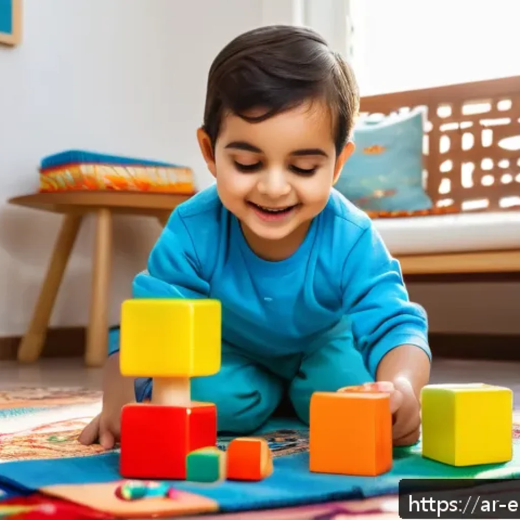 중고 교육완구 구매 시 체크리스트 - A warm and inviting scene of an Arab child around 4 years old wearing a clean diaper, happily playin...