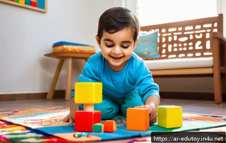 중고 교육완구 구매 시 체크리스트 - A warm and inviting scene of an Arab child around 4 years old wearing a clean diaper, happily playin...