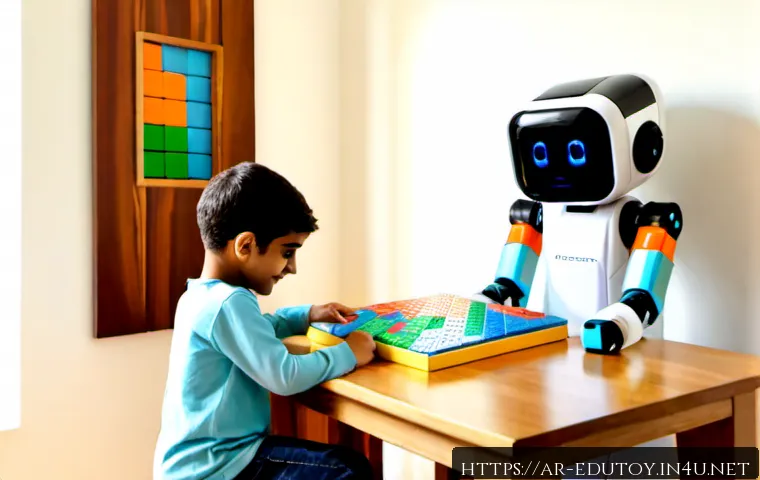 미래 기술을 접목한 교육완구 - Photorealistic bright family learning corner in a modern Arab home, a curious school-age child weari...