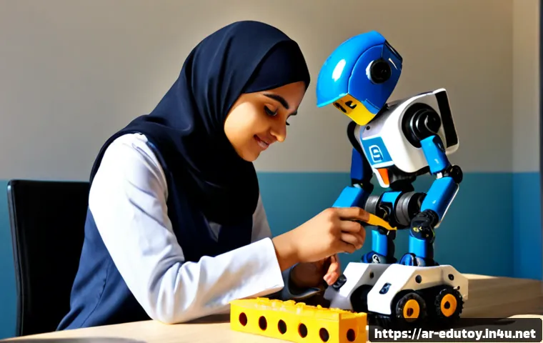 교육완구에서 영감을 받은 직업군 - Photorealistic Arab female robotics engineer in a modest navy hijab and professional workwear, caref...